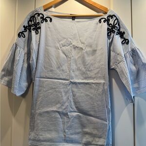 Ann Taylor Blue and White Striped Blouse with Navy Embroidery